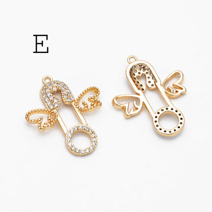 4pcs CZ Pave Safety Pin Charm Connectors , Gold Plated Brass Safety Pin Charm Pendants (GB-1827)