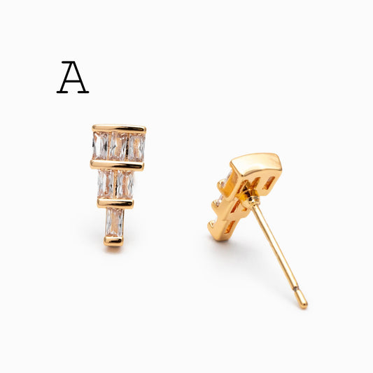 4pcs CZ Pave Dainty Geometric Stud Earrings, 18K Gold Plated Brass, Cubic Zirconia Earrings (GB-3633)