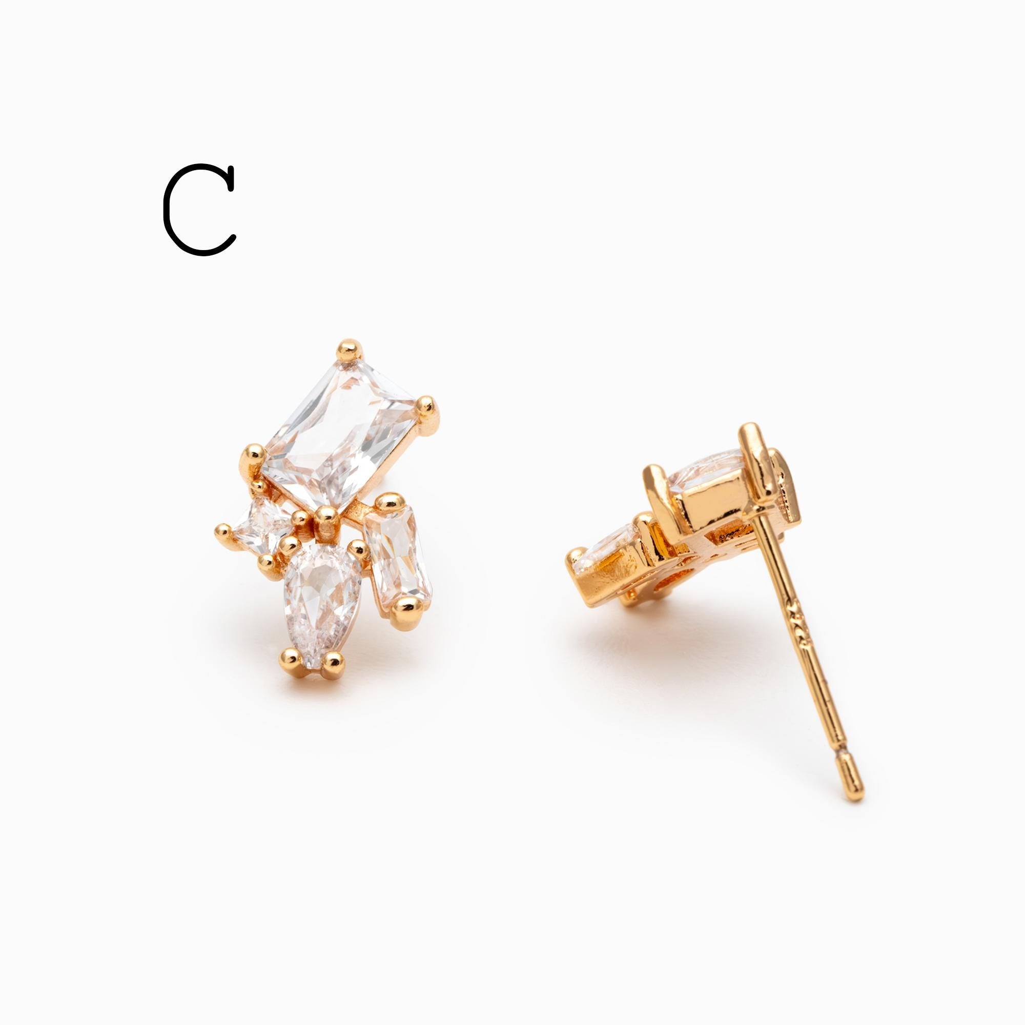 4pcs CZ Pave Dainty Geometric Stud Earrings, 18K Gold Plated Brass, Cubic Zirconia Earrings (GB-3633)
