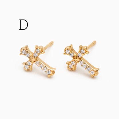 4pcs CZ Pave Gold Cross Earrings, Gold Plated Brass Dainty Cross Stud Earring (#GB-3637)