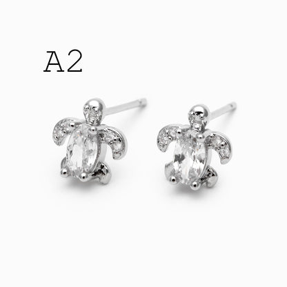 10pcs CZ Pave Gold/ Silver Tone Turtle Earrings, Gold/ Rhodium Plated Brass, Minimalist Stud Earrings (GB-3845)