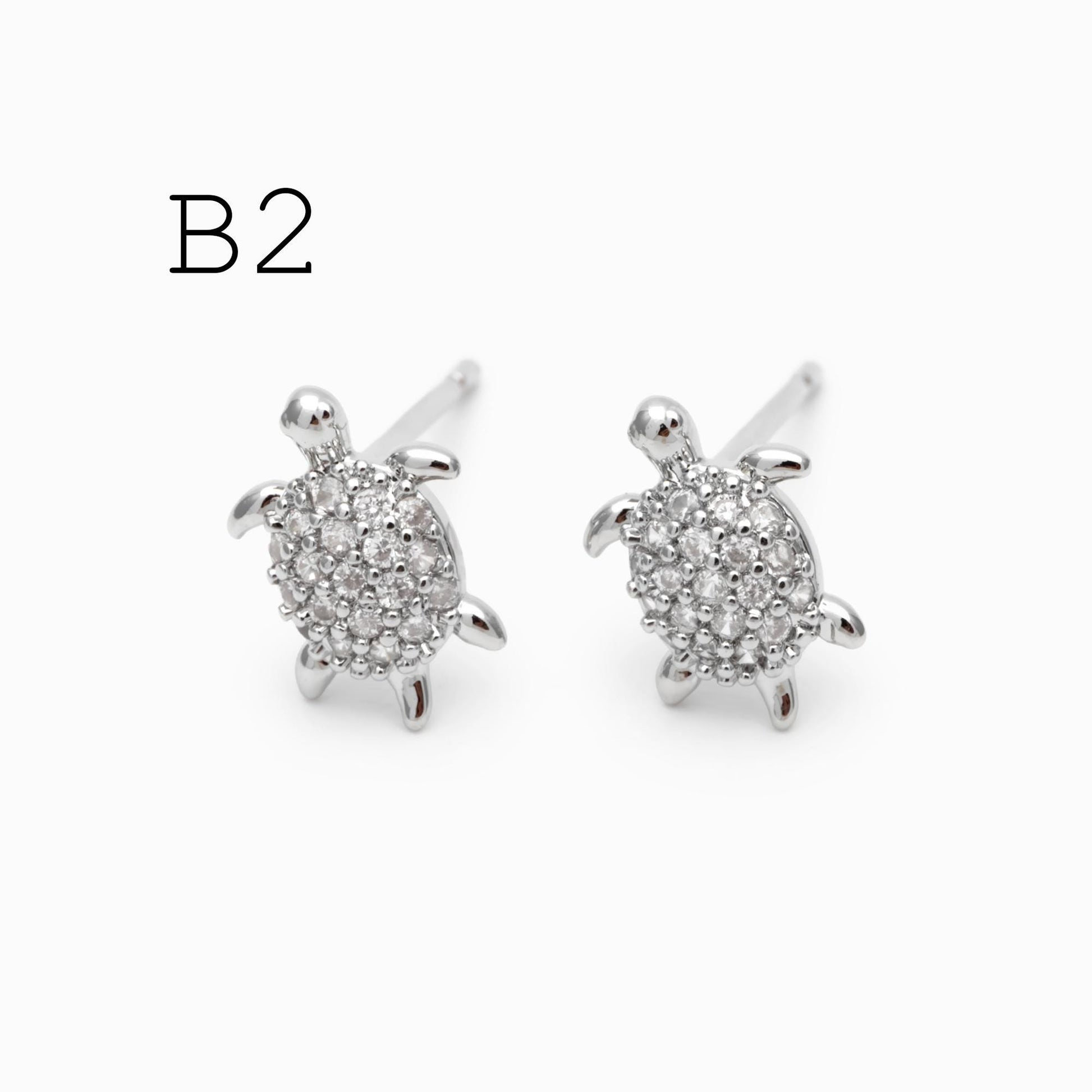 10pcs CZ Pave Gold/ Silver Tone Turtle Earrings, Gold/ Rhodium Plated Brass, Minimalist Stud Earrings (GB-3845)