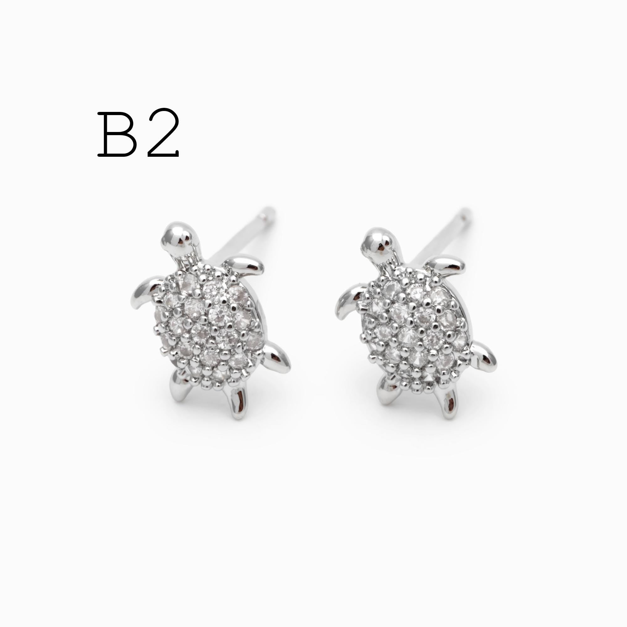 10pcs CZ Pave Gold/ Silver Tone Turtle Earrings, Gold/ Rhodium Plated Brass, Minimalist Stud Earrings (GB-3845)