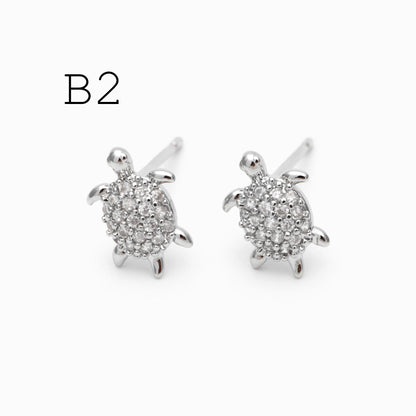 10pcs CZ Pave Gold/ Silver Tone Turtle Earrings, Gold/ Rhodium Plated Brass, Minimalist Stud Earrings (GB-3845)