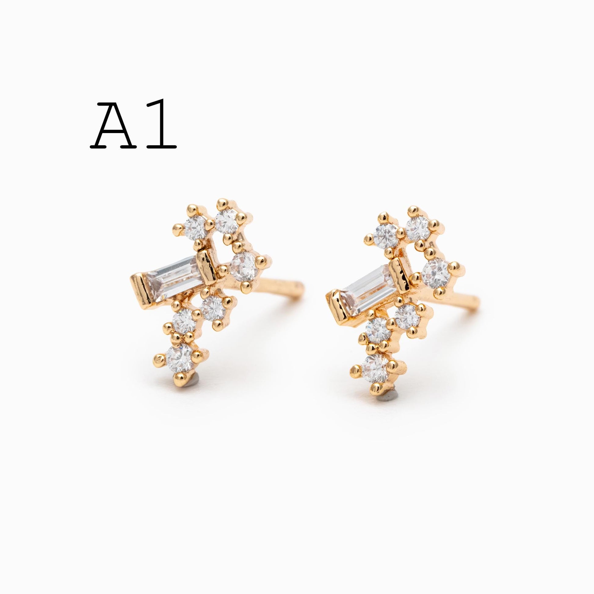 10pcs Gold/ Silver Tone CZ Cluster Earrings, Gold/ Rhodium Plated Brass, Dainty Stud Earrings (GB-4335)