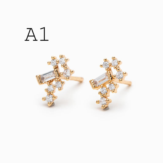 10pcs Gold/ Silver Tone CZ Cluster Earrings, Gold/ Rhodium Plated Brass, Dainty Stud Earrings (GB-4335)