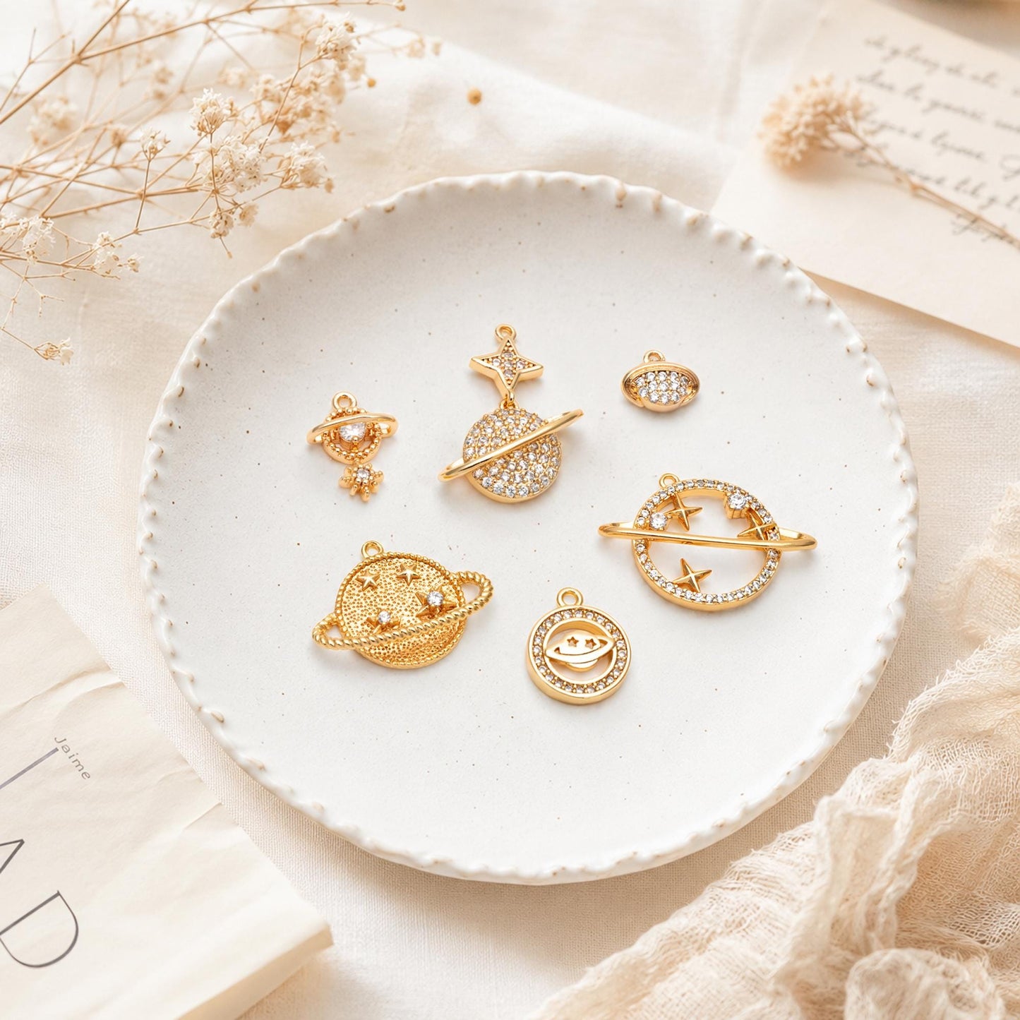 4pcs CZ pave Gold Saturn Charms , Gold plated Brass Planet Pendants, DIY Earring Necklace Components (GB-1173)