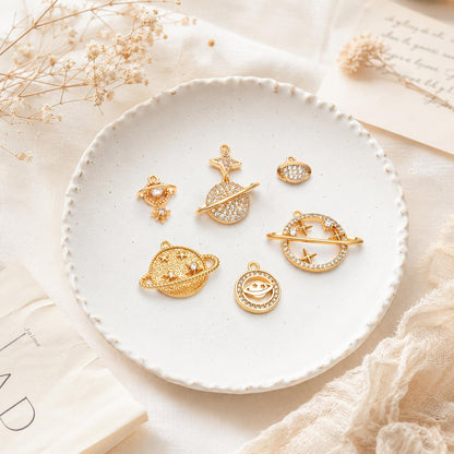 4pcs CZ pave Gold Saturn Charms , Gold plated Brass Planet Pendants, DIY Earring Necklace Components (GB-1173)