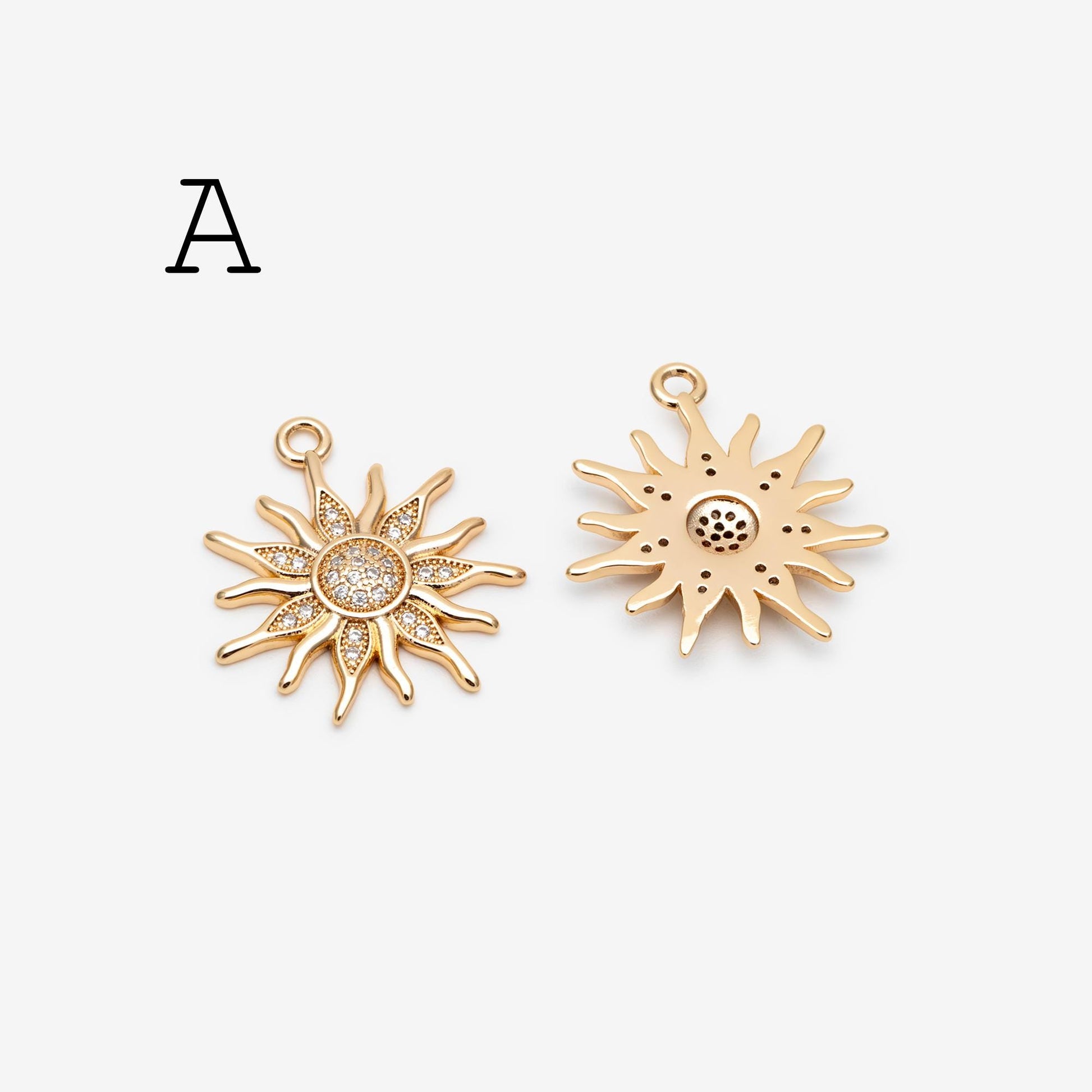 4pcs CZ Pave Gold/ Silver Sun Charms, 18K Gold/ Rhodium plated Brass, Sun Pendants (GB-2259)