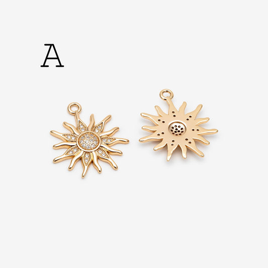 4pcs CZ Pave Gold/ Silver Sun Charms, 18K Gold/ Rhodium plated Brass, Sun Pendants (GB-2259)