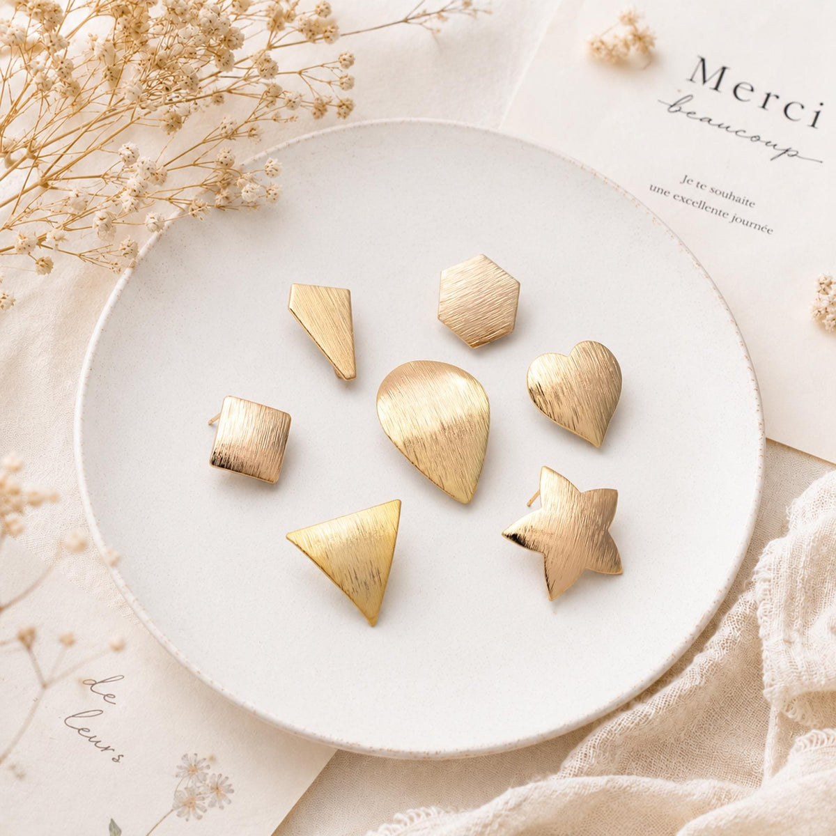 10pcs Brushed Gold Ear Posts with Loops, Real Gold Plated Brass, Geometric Earring Studs (GB-263)