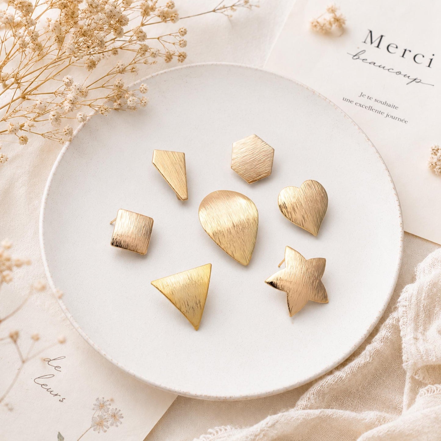 10pcs Brushed Gold Ear Posts with Loops, Real Gold Plated Brass, Geometric Earring Studs (GB-263)