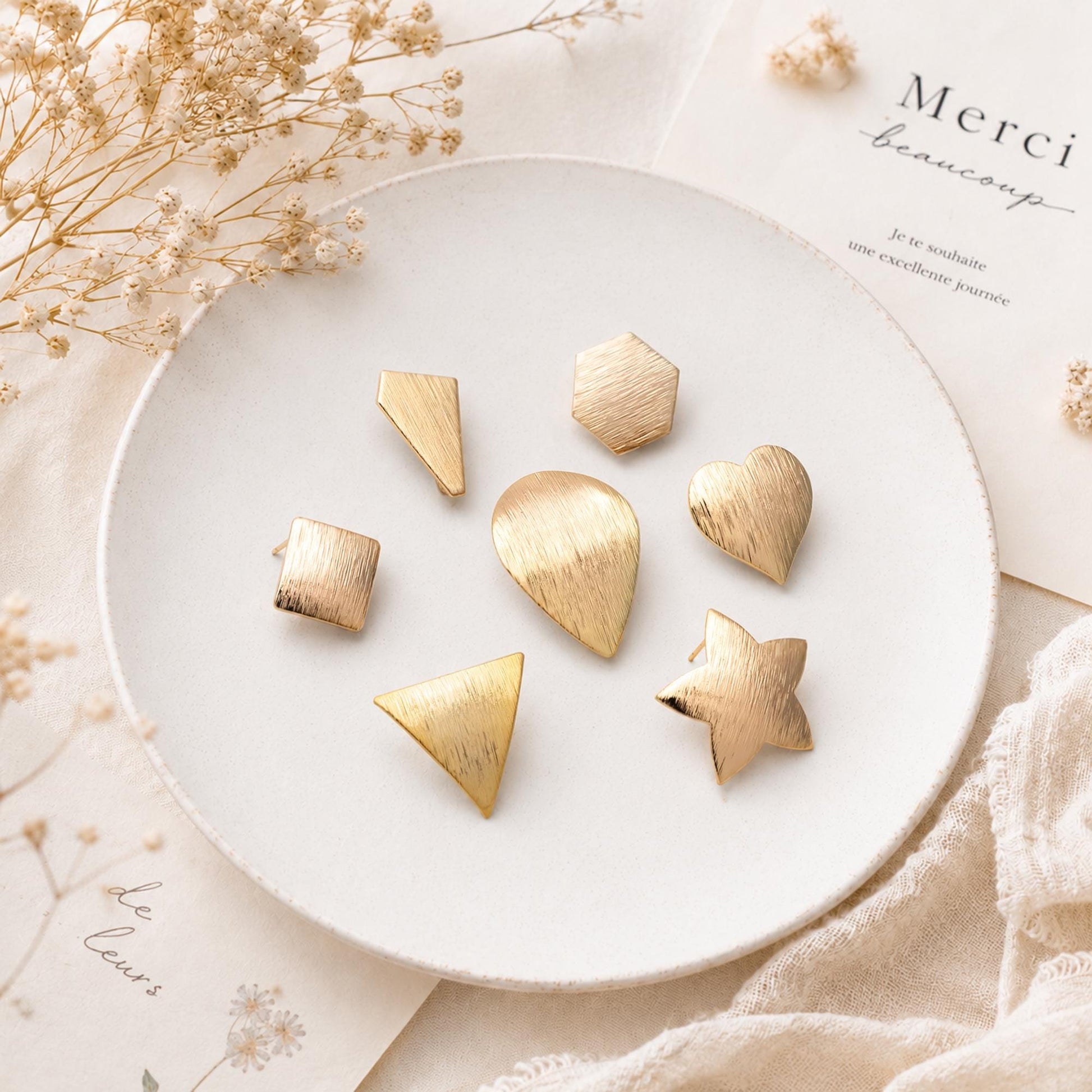 10pcs Brushed Gold Ear Posts with Loops, Real Gold Plated Brass, Geometric Earring Studs (GB-263)