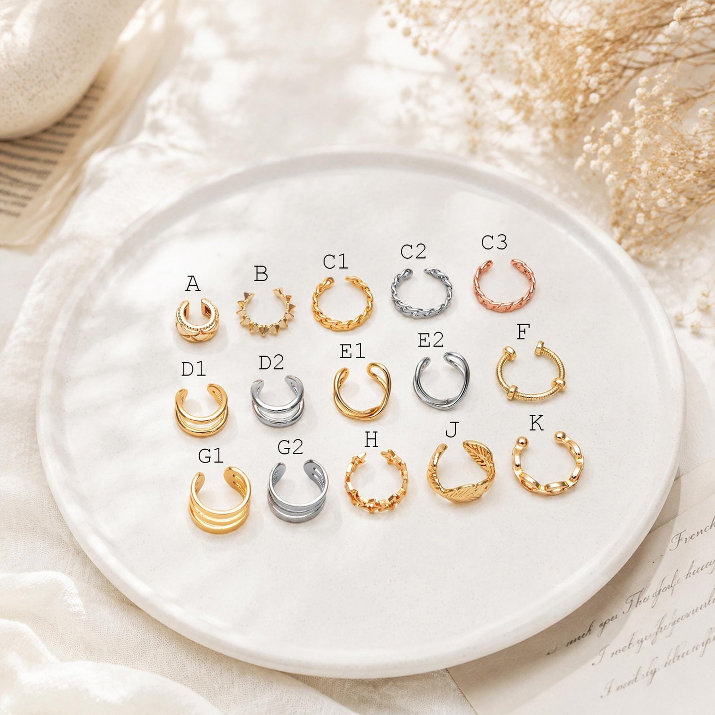 10pcs Gold Ear Cuff, Cartilage, Fake Piercing, Cartilage Ear Cuff, Ear Wrap, Earcuff (GB-2826)