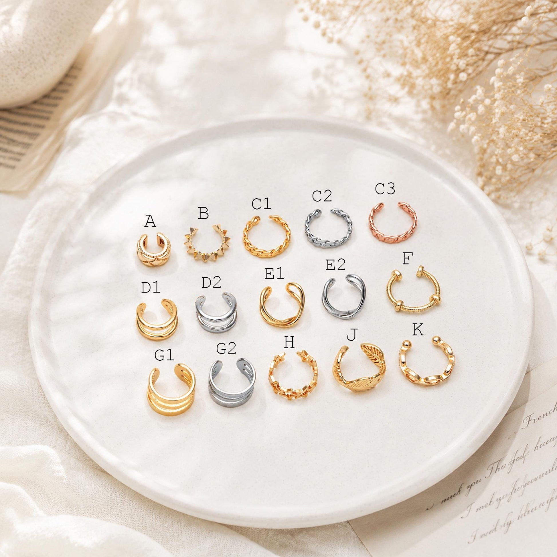 10pcs Gold Ear Cuff, Cartilage, Fake Piercing, Cartilage Ear Cuff, Ear Wrap, Earcuff (GB-2826)