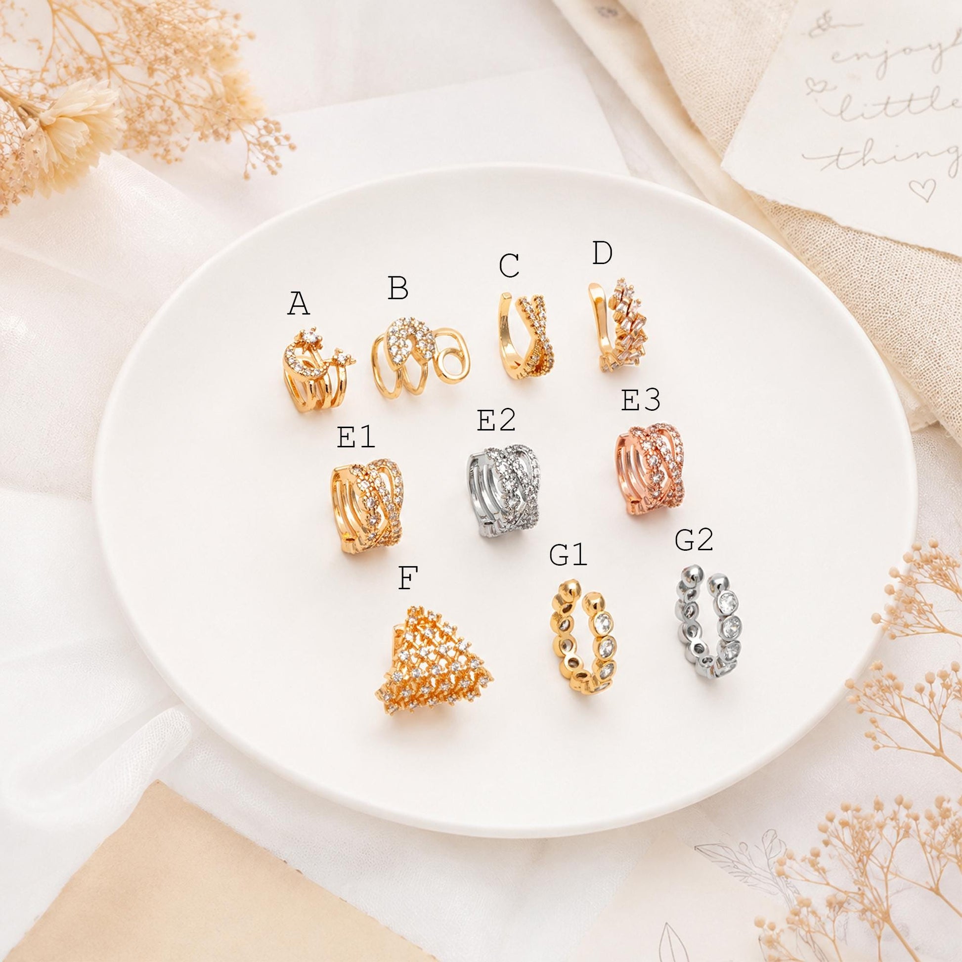 4pcs CZ Pave Gold Ear Cuffs, Dainty Ear Cuff, Delicate Ear Cuff, Ear Cuff No Piercing (GB-1335)