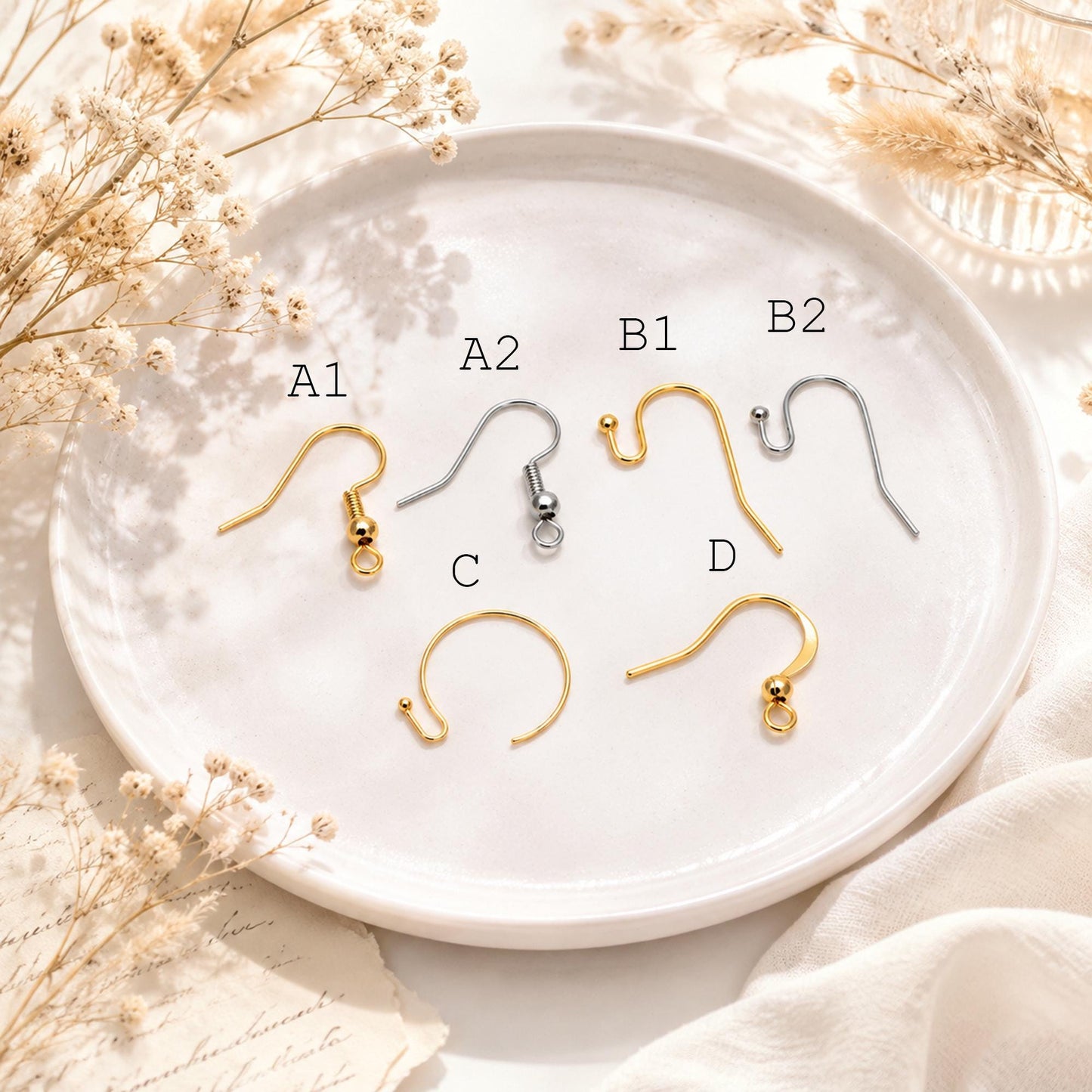 20pcs Gold/ Silver Earring Hooks, Real Gold/ Rhodium Plated Brass, Simple Earwires (GB-025)