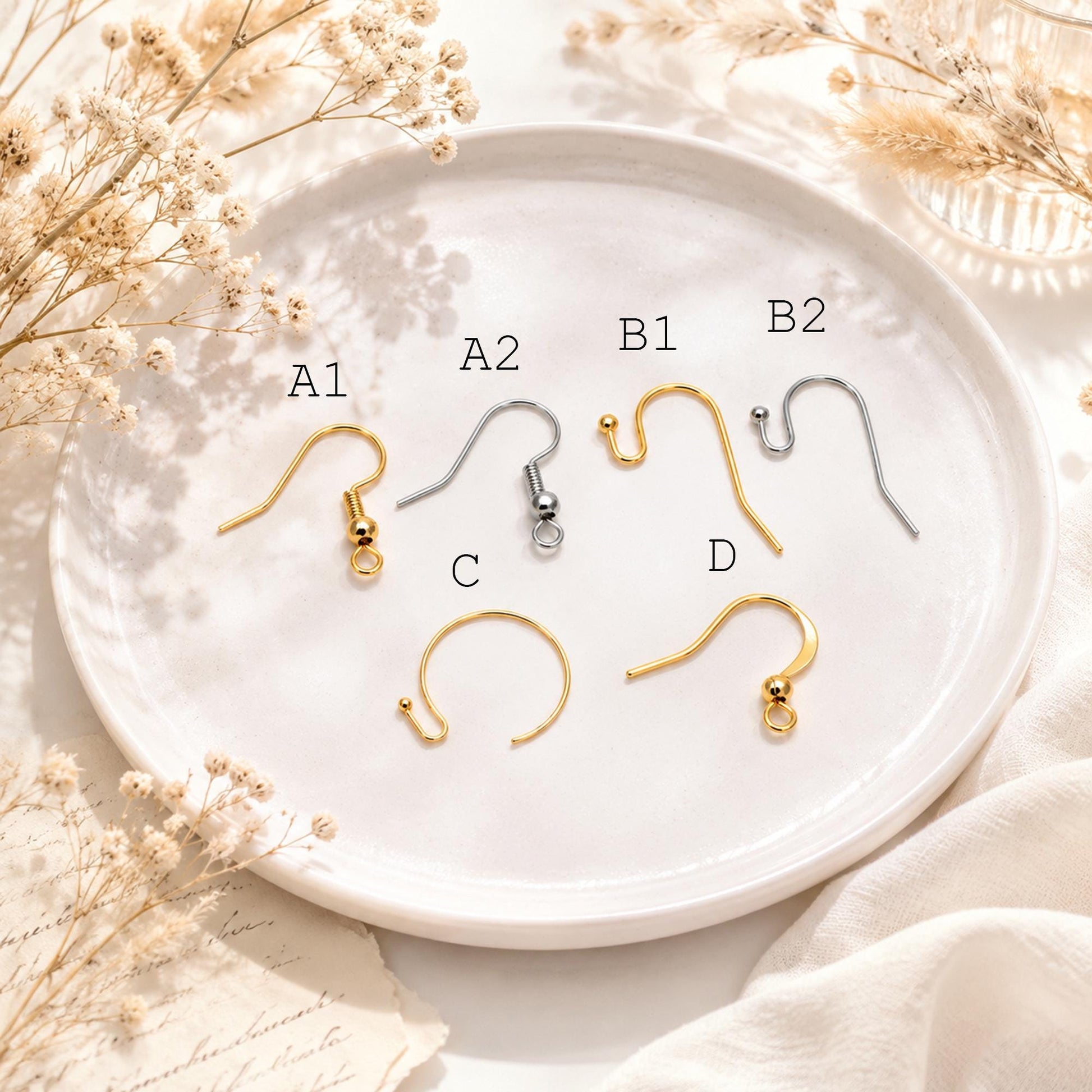 20pcs Gold/ Silver Earring Hooks, Real Gold/ Rhodium Plated Brass, Simple Earwires (GB-025)