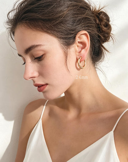 4pcs Gold/ Silver Tone Chunky Hoop Huggies, 4mm Thick, 18/ 20/ 22/ 24/ 26mm, Stainless Steel Hoop Earrings, Minimalist Earrings (GB-3301)