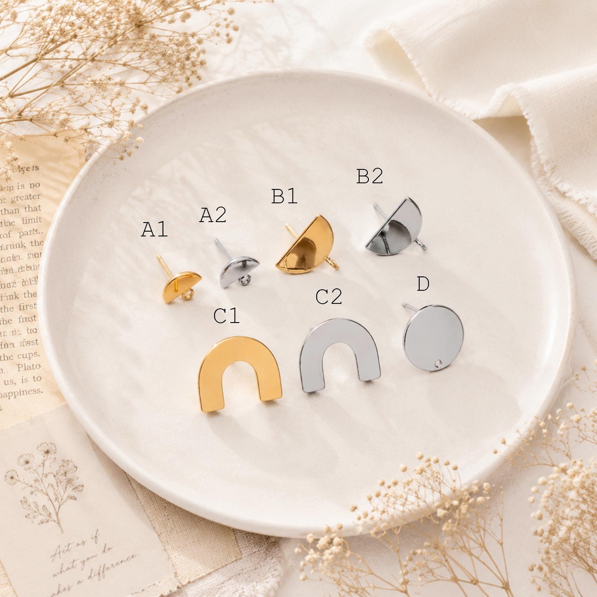 10pcs Gold/ Silver tone Round Disc Earring Posts 12/ 15mm, 18K Gold/ Rhodium plated Brass, Geometric Earring Components Wholesale (GB-624)