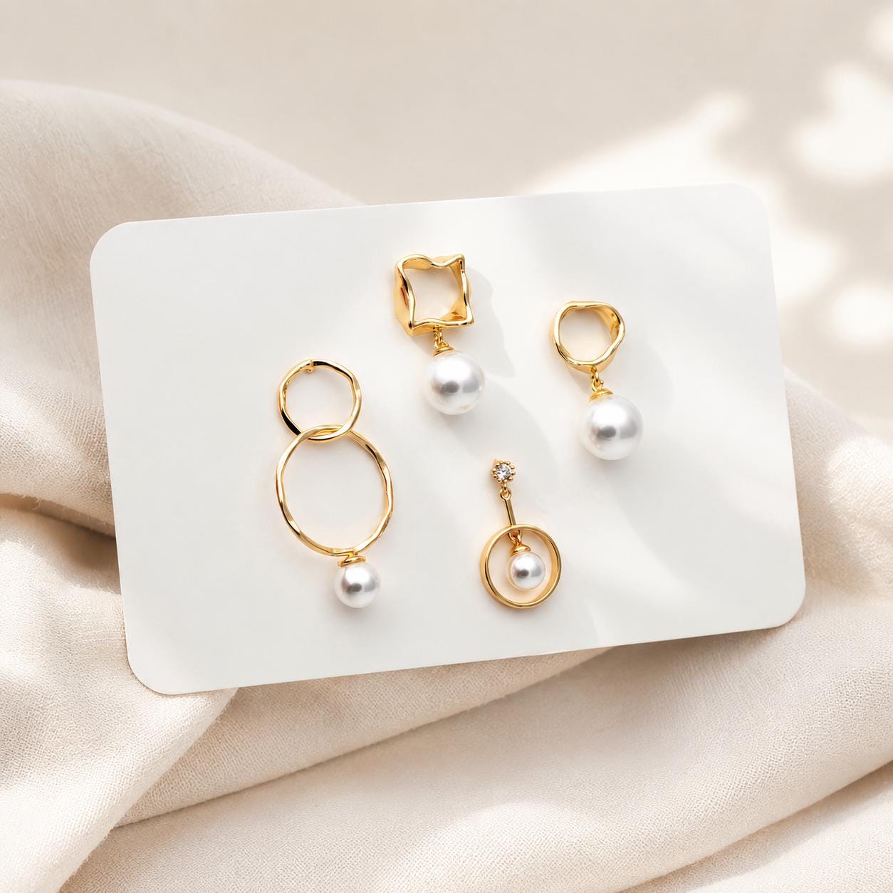 4pcs Asymmetric Glass Pearl Earrings, 18K Gold plated Brass, Asymmetrical Circle Square Earrings (#GB-2941)