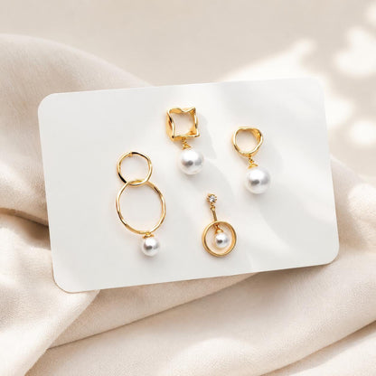 4pcs Asymmetric Glass Pearl Earrings, 18K Gold plated Brass, Asymmetrical Circle Square Earrings (#GB-2941)