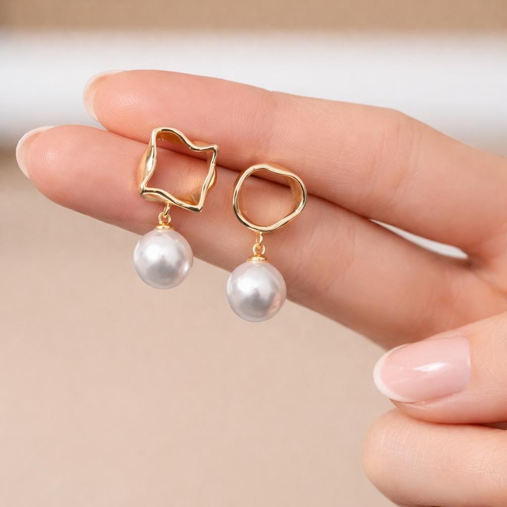4pcs Asymmetric Glass Pearl Earrings, 18K Gold plated Brass, Asymmetrical Circle Square Earrings (#GB-2941)