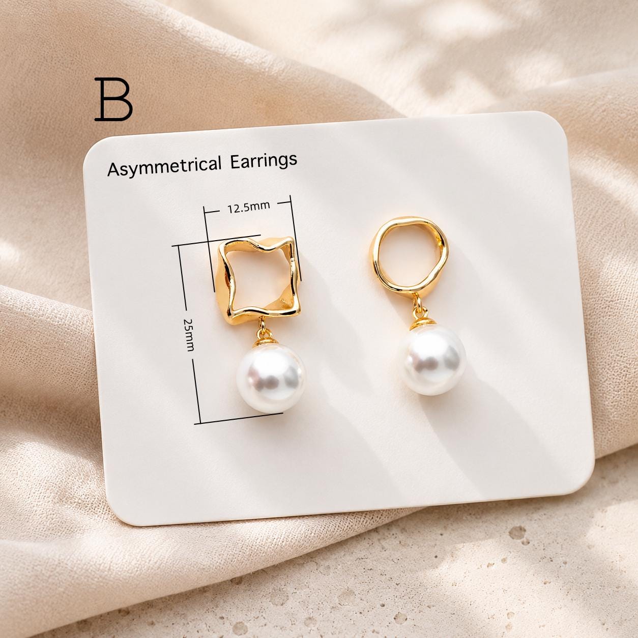 4pcs Asymmetric Glass Pearl Earrings, 18K Gold plated Brass, Asymmetrical Circle Square Earrings (#GB-2941)