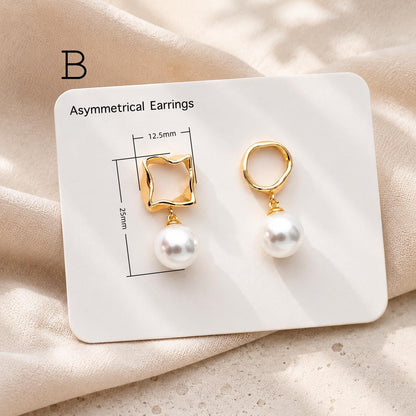 4pcs Asymmetric Glass Pearl Earrings, 18K Gold plated Brass, Asymmetrical Circle Square Earrings (#GB-2941)