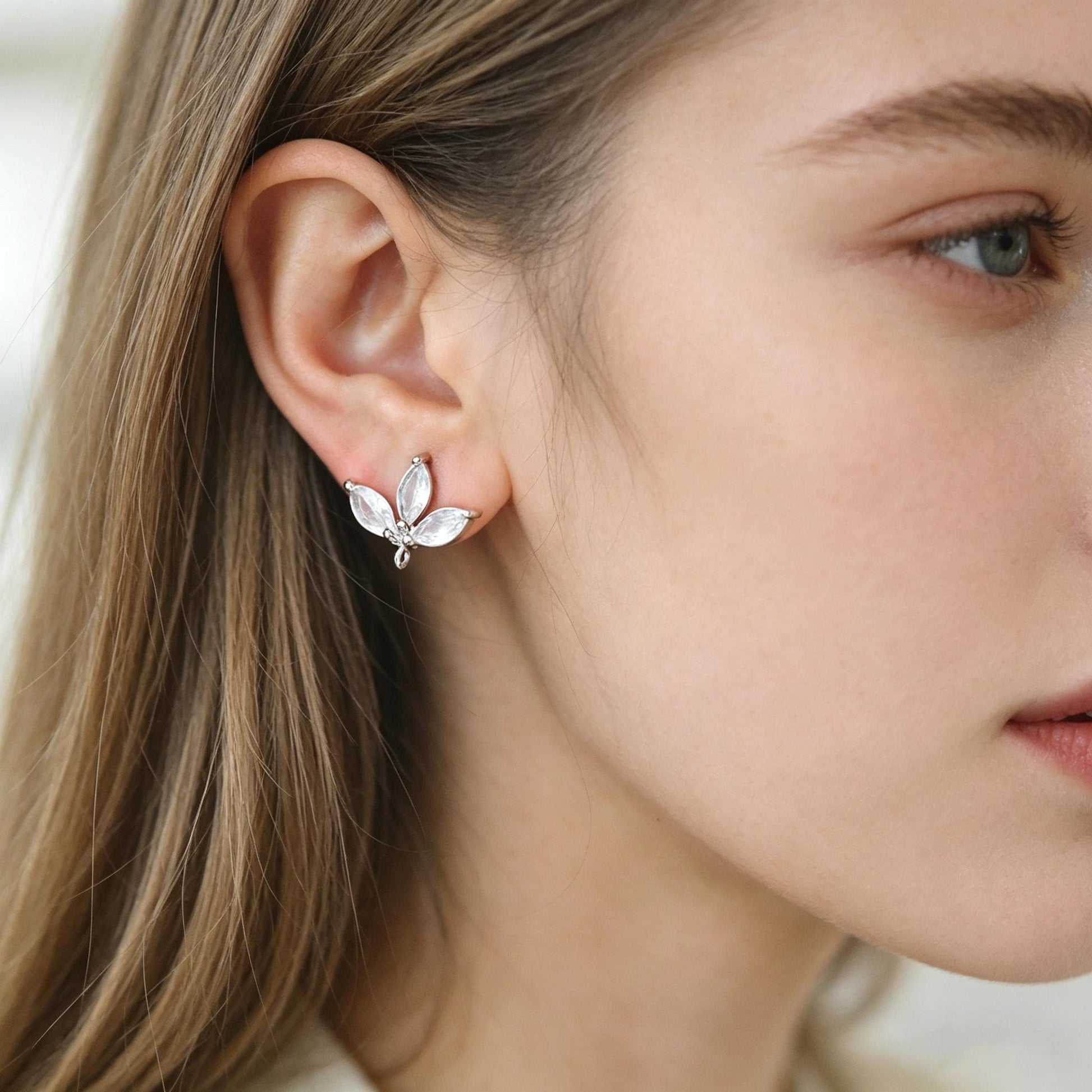 4pcs CZ Pave Gold Flower Leaf Earring With Loop, Gold Plated Brass Stud Earrings (GB-1205)