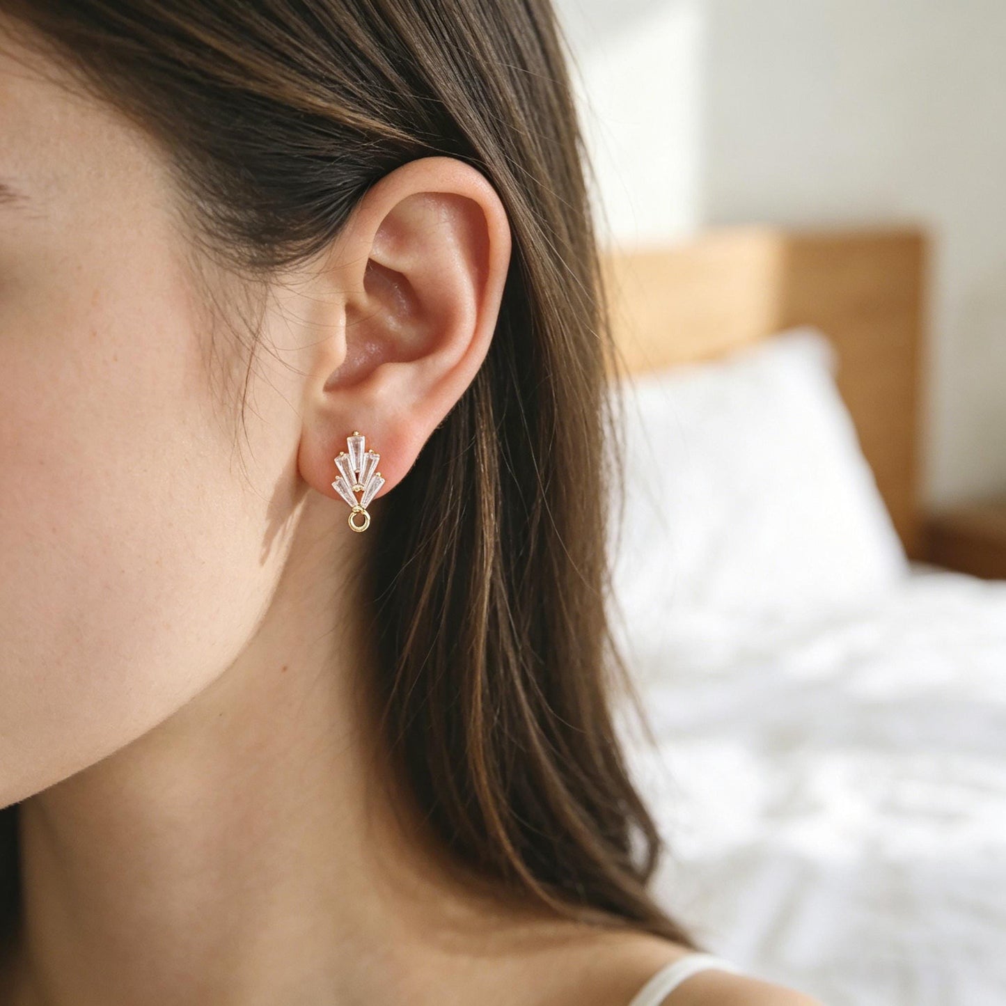 4pcs CZ Pave Flower Heart Earring with Loop, Gold Plated Brass leaf Stud Earrings, Dainty Earring, Wholesale Supplies (GB-314)