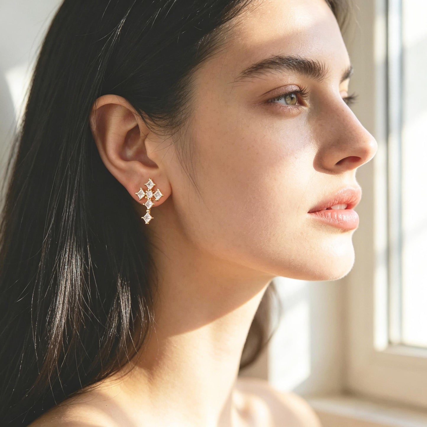 4pcs CZ Pave Gold Cross Earrings, Gold Plated Brass Dainty Cross Stud Earring (#GB-3637)