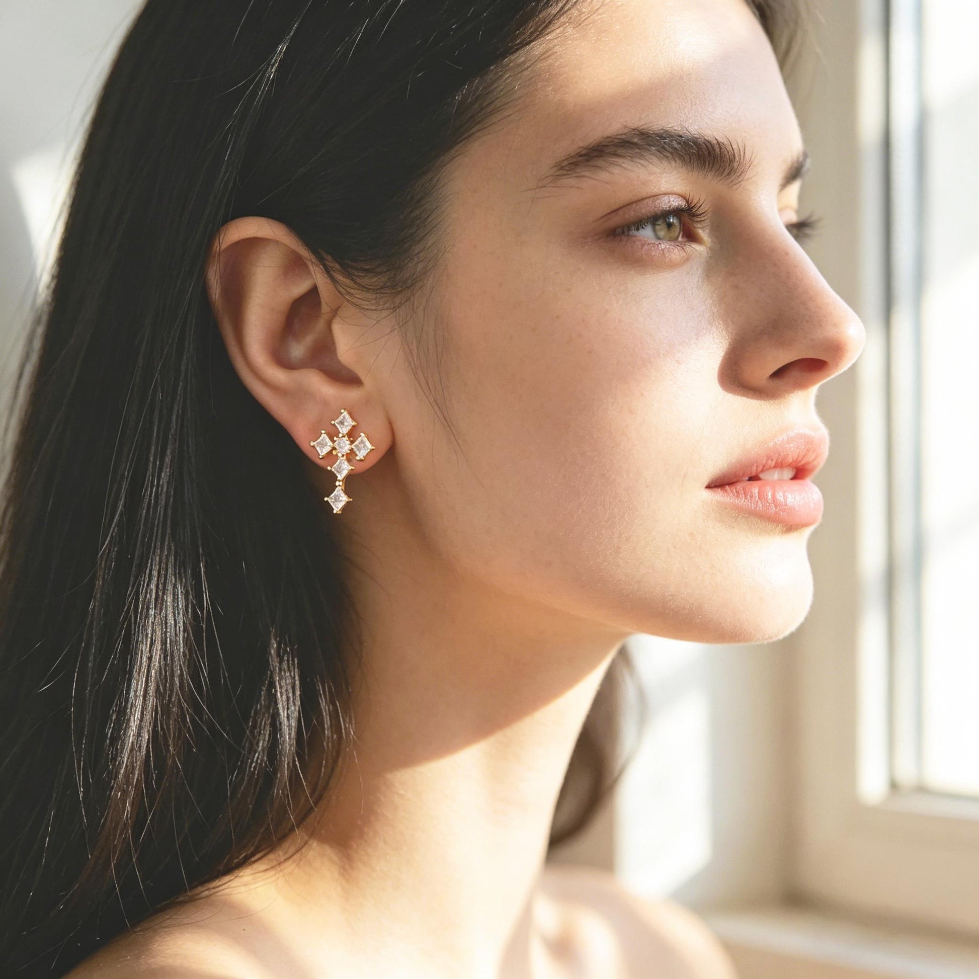 4pcs CZ Pave Gold Cross Earrings, Gold Plated Brass Dainty Cross Stud Earring (#GB-3637)