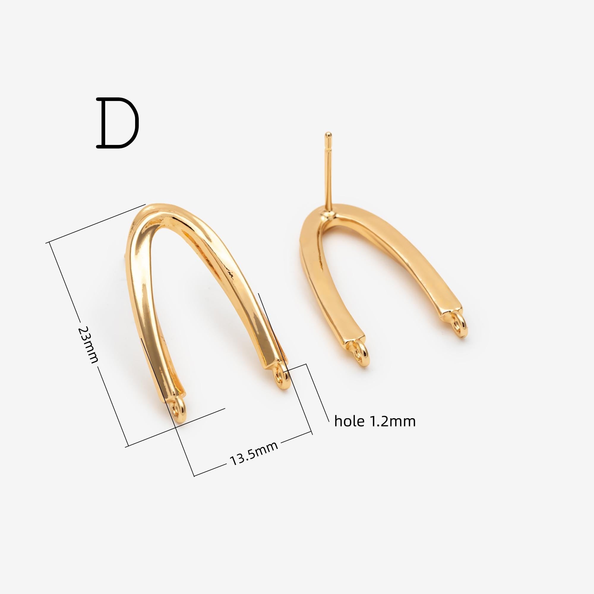 10pcs Gold U-Shaped Earring with 2 Loops, 18K Gold plated Brass Stud Earrings (GB-3226)