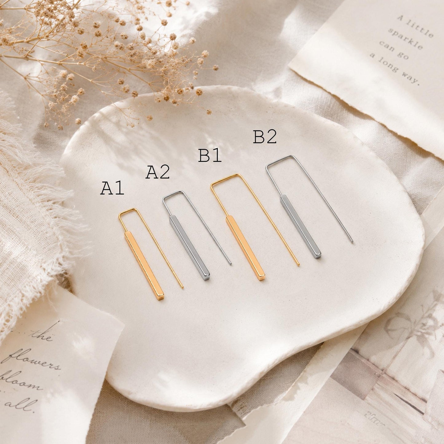 10pcs Gold/ Silver Tone Cube Ear Hooks 34x10mm, Gold/ Rhodium plated Brass Square Bar Earwires, Minimalist Earring Components (GB-2732)