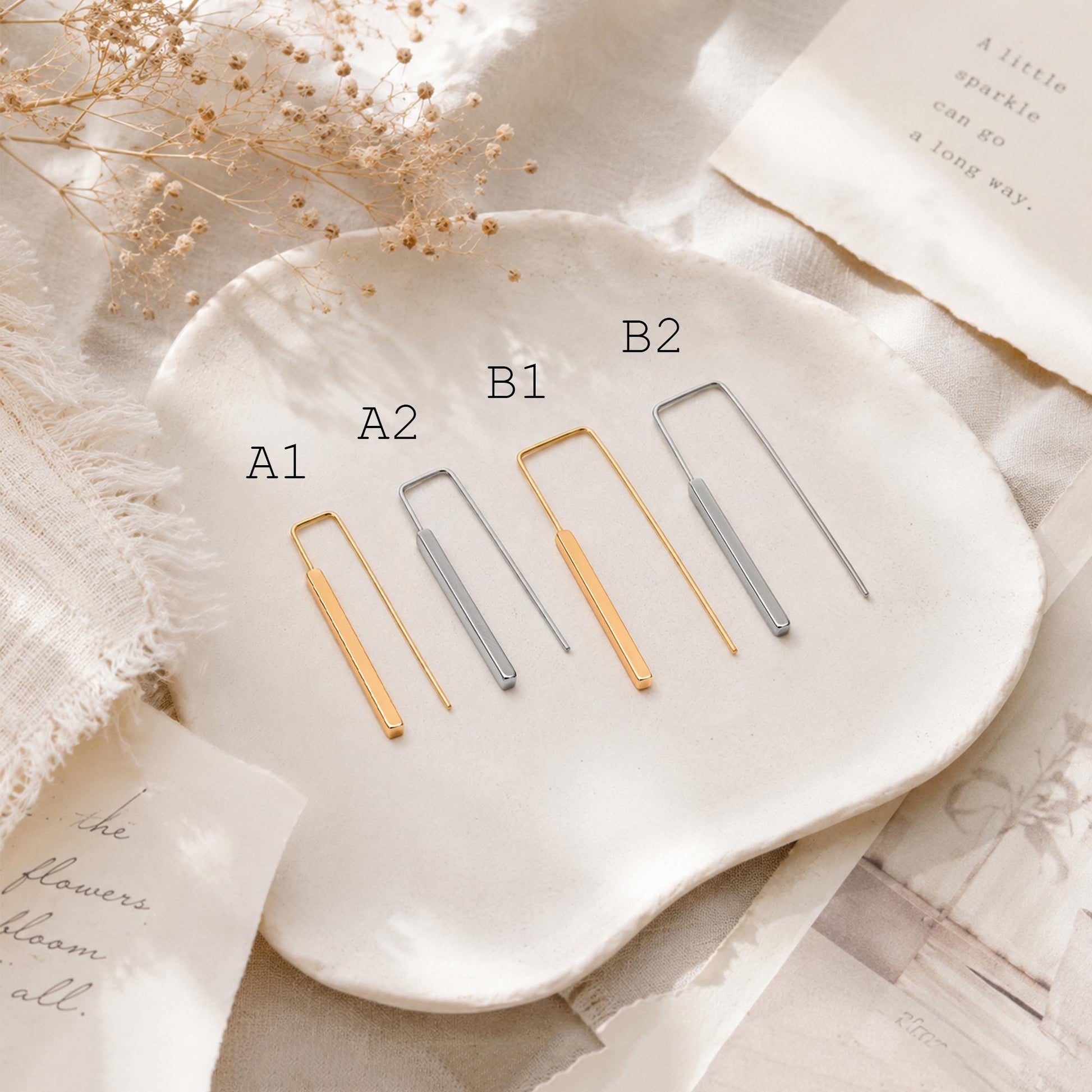10pcs Gold/ Silver Tone Cube Ear Hooks 34x10mm, Gold/ Rhodium plated Brass Square Bar Earwires, Minimalist Earring Components (GB-2732)