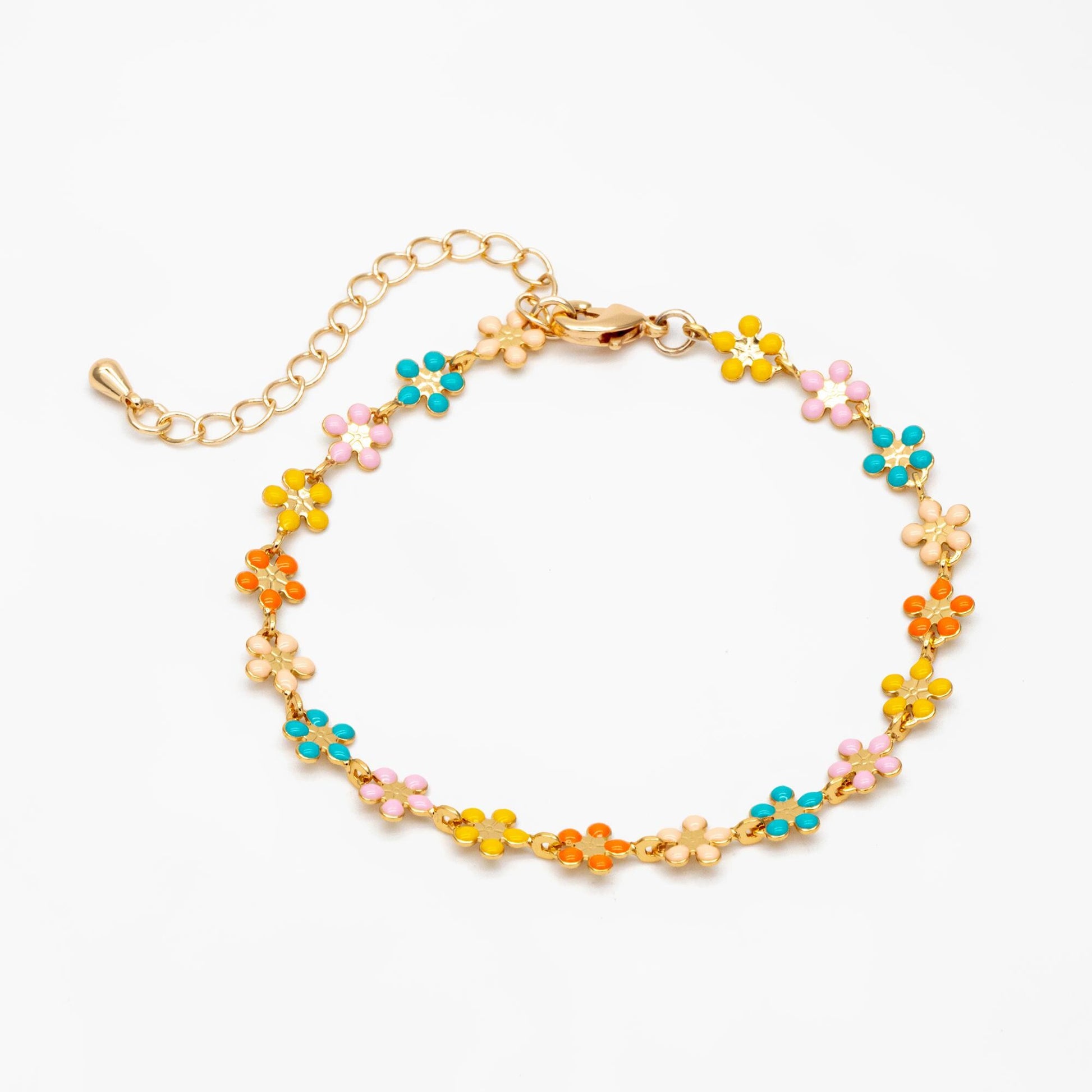 Gold plated Enamel Flower Chain, Finished Bracelet/ Anklet/ Necklace with Extender Chain, 16-18 inch Adjustable, Ready to Wear (#LK-581)
