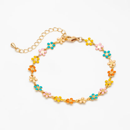 Gold plated Enamel Flower Chain, Finished Bracelet/ Anklet/ Necklace with Extender Chain, 16-18 inch Adjustable, Ready to Wear (#LK-581)
