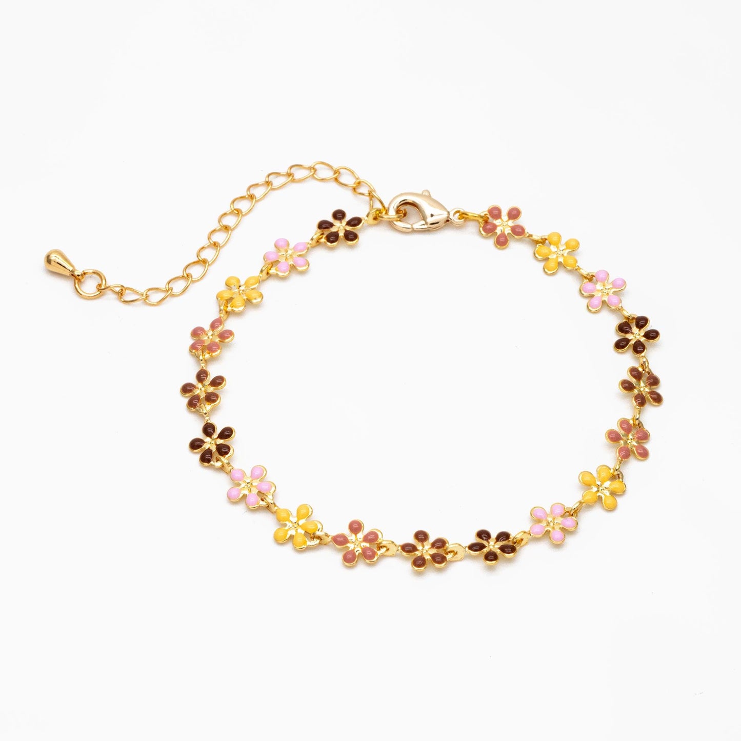 Gold plated Enamel Flower Chain, Finished Bracelet/ Anklet/ Necklace with Extender Chain, 16-18 inch Adjustable, Ready to Wear (#LK-581)