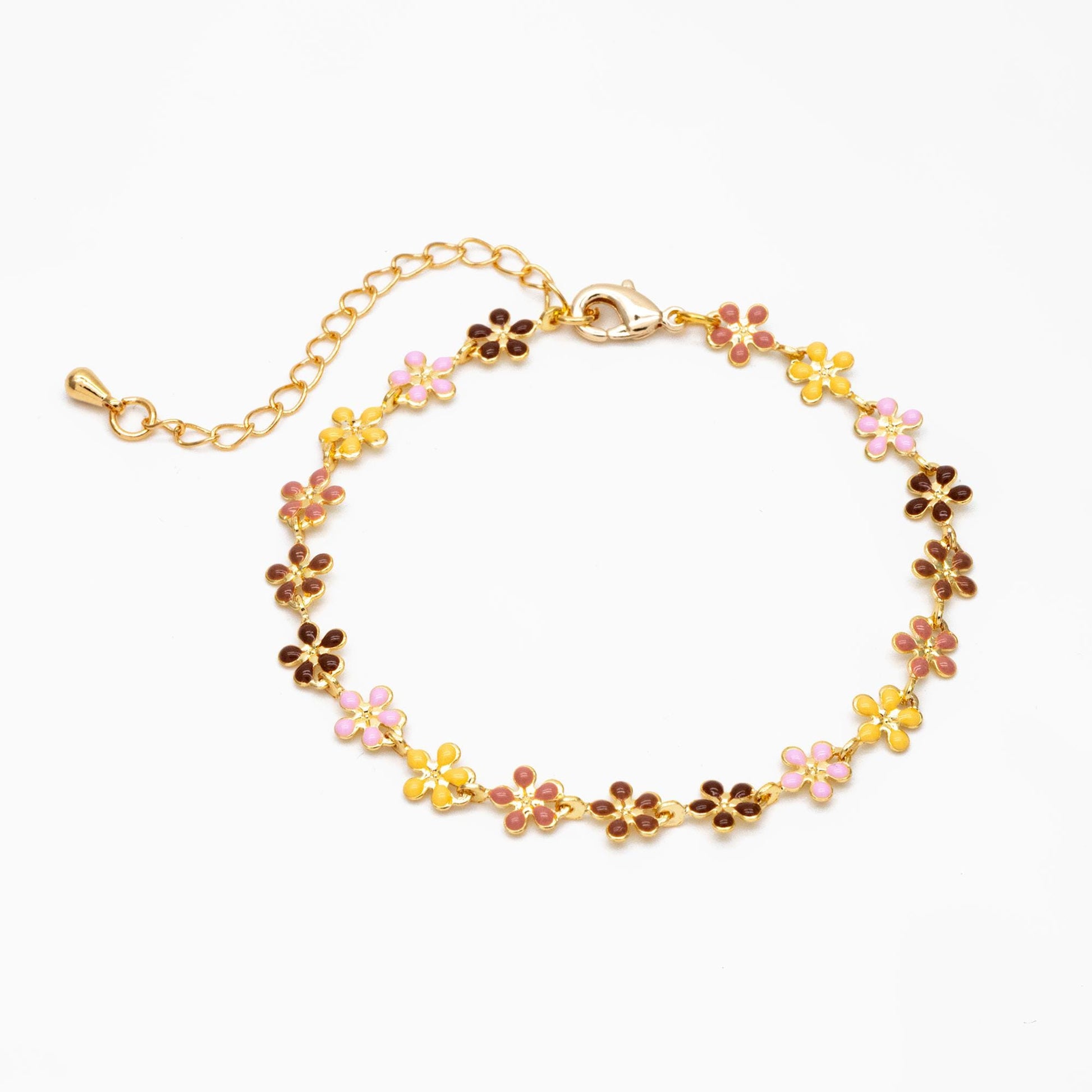 Gold plated Enamel Flower Chain, Finished Bracelet/ Anklet/ Necklace with Extender Chain, 16-18 inch Adjustable, Ready to Wear (#LK-581)