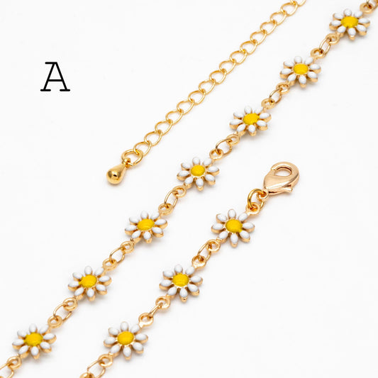 Gold Enamel Flower Chain, White Daisy Chain, Finished Bracelet/ Anklet/ Necklace with Extender Chain, Ready to Wear (#LK-578-1)