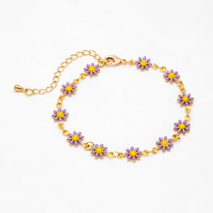 Gold Enamel Flower Chain, White Daisy Chain, Finished Bracelet/ Anklet/ Necklace with Extender Chain, Ready to Wear (#LK-578-1)