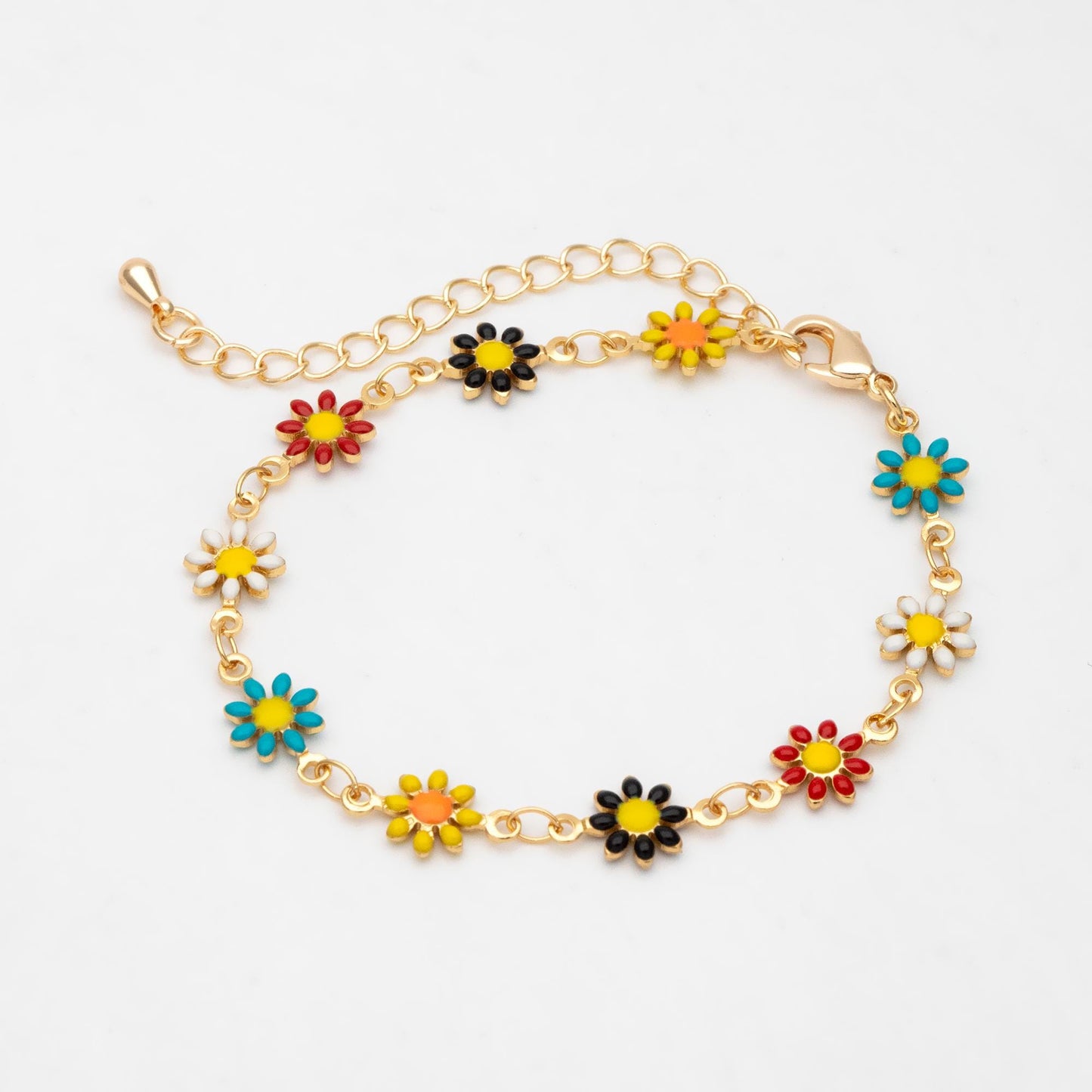 Gold Enamel Flower Chain, White Daisy Chain, Finished Bracelet/ Anklet/ Necklace with Extender Chain, Ready to Wear (#LK-578-1)