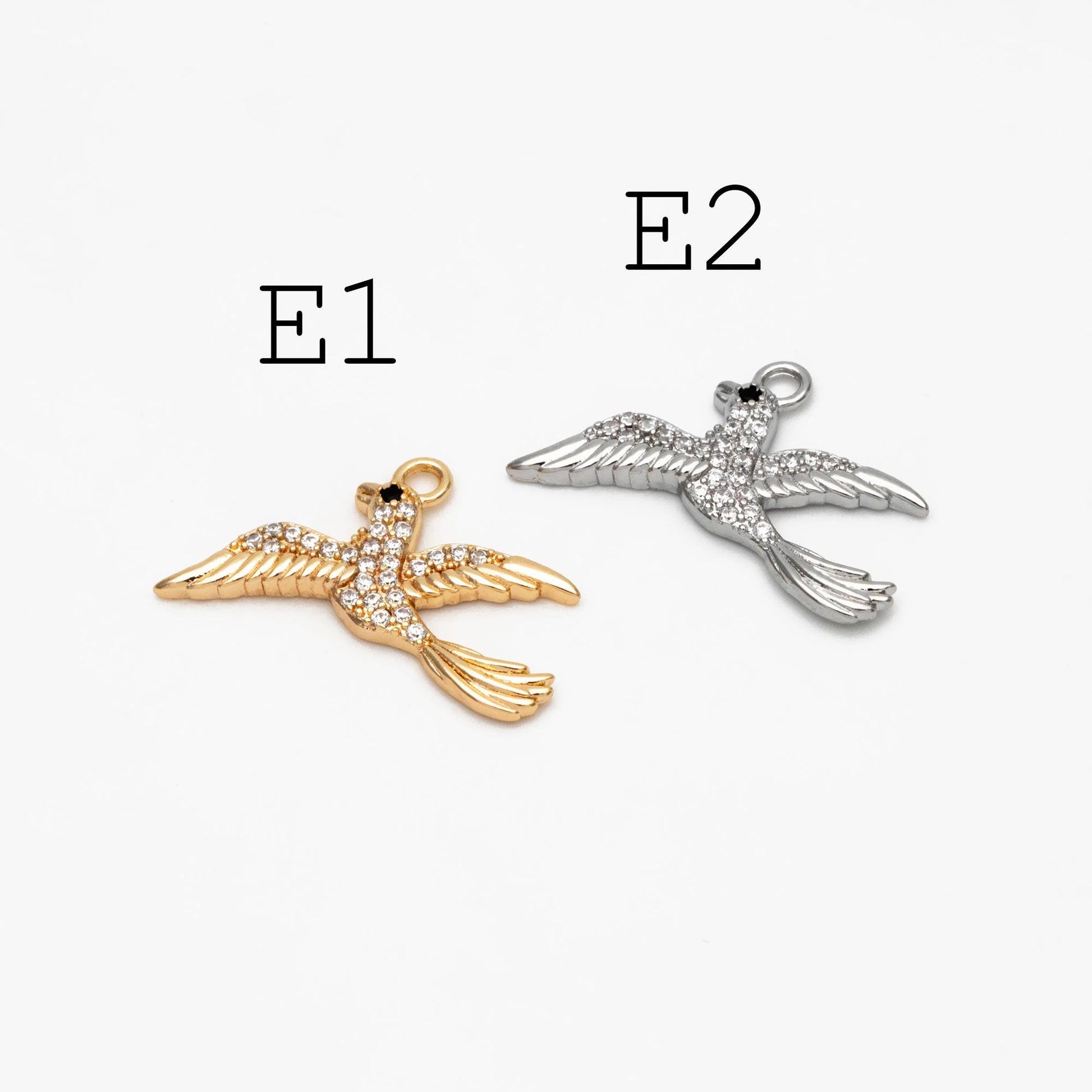 4pcs CZ Pave Gold/ Silver Tone Bird Charms, Real Gold/ Rhodium plated Brass Bird Pendant (GB-1480)