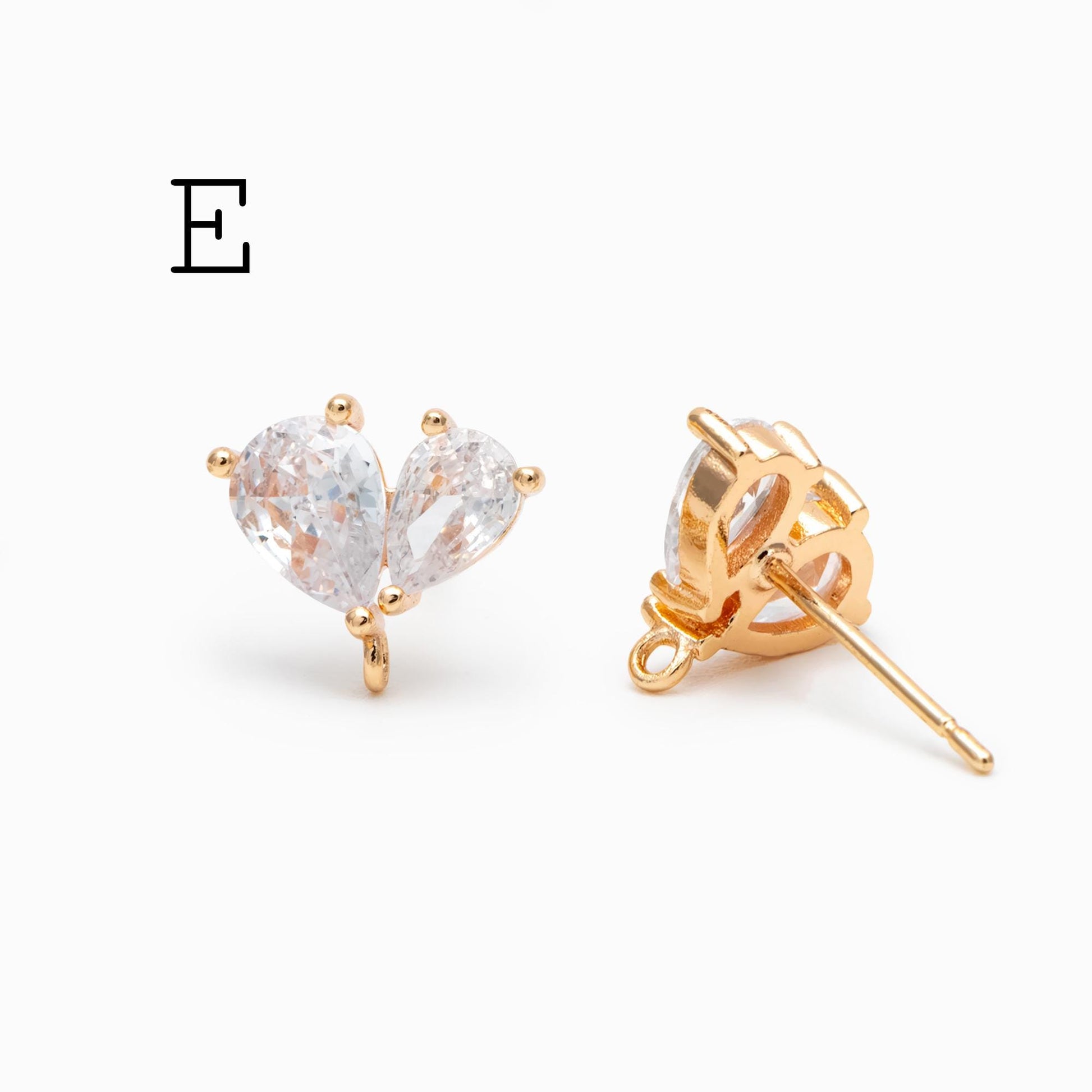 4pcs CZ Pave Flower Heart Earring with Loop, Gold Plated Brass leaf Stud Earrings, Dainty Earring, Wholesale Supplies (GB-314)