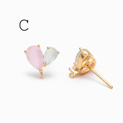 4pcs CZ Pave Flower Heart Earring with Loop, Gold Plated Brass leaf Stud Earrings, Dainty Earring, Wholesale Supplies (GB-314)