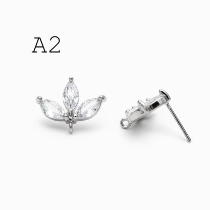 4pcs CZ Pave Gold Flower Leaf Earring With Loop, Gold Plated Brass Stud Earrings (GB-1205)