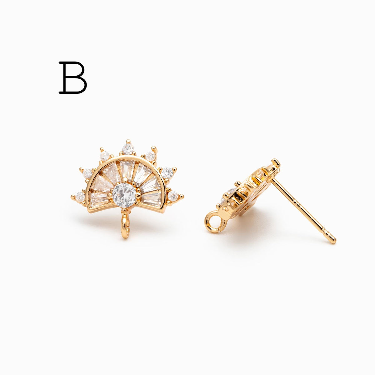 4pcs CZ Pave Gold Flower Leaf Earring With Loop, Gold Plated Brass Stud Earrings (GB-1205)