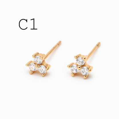 10pcs CZ Pave Flower Ear Posts: 18K Gold Plated Brass Stud Earrings (GB-3395)