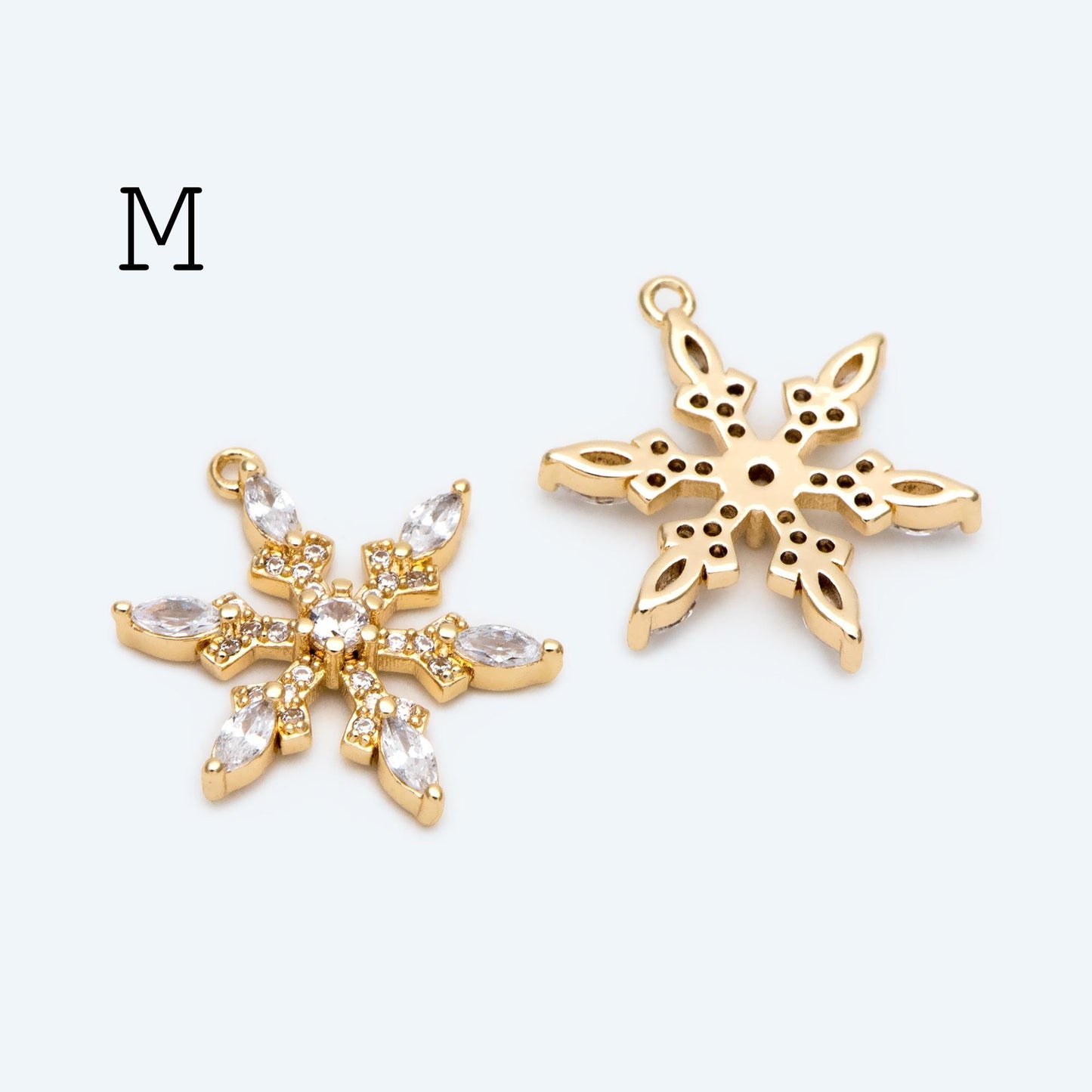 4pcs CZ Pave Snowflake Charms, Rhinestone Flower Connectors, Real Gold plated Brass Findings (GB-3486)